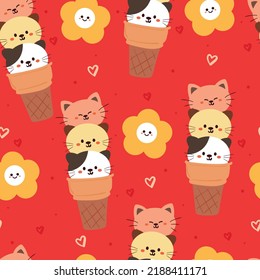 seamless pattern cartoon cat ice cream with flower character. cute wallpaper for kids, textile, gift wrap paper