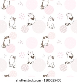 Seamless Pattern of Cartoon Cat Illustration on White Background with Pastel Dots and Hearts