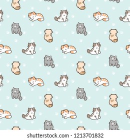 Seamless Pattern of Cartoon Cat Illustration Design on Pastel Green Background with White Paws