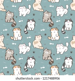 Seamless Pattern of Cartoon Cat Illustration Design on Green Background