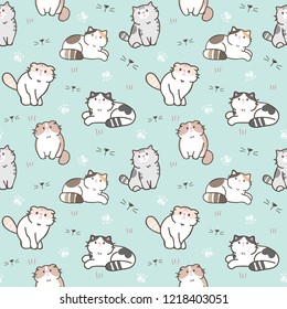 Seamless Pattern of Cartoon Cat Illustration on Pastel Green Background