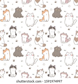 Seamless Pattern of Cartoon Cat Illustration Design on White Background