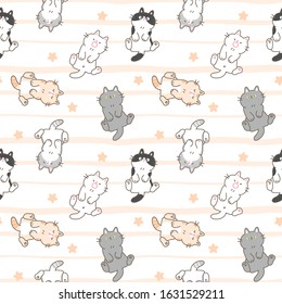 Seamless Pattern of Cartoon Cat Illustration Design on White Background with Pastel Orange Lines and Stars