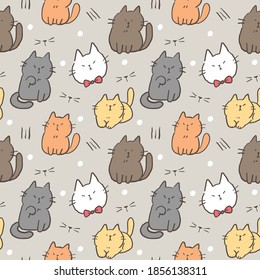 Seamless Pattern with Cartoon Cat Illustration on Grey Background