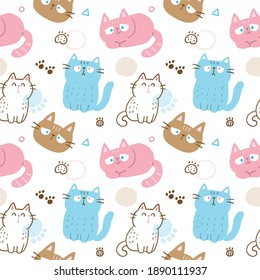 Seamless Pattern with Cartoon Cat Illustration Design on White Background