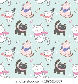 Seamless Pattern with Cartoon Cat Illustration Design on Light Green Background