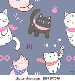 Seamless Pattern with Cartoon Cat Illustration on Dark Blue Background