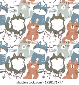 Seamless Pattern with Cartoon Cat Illustration Design on White Background