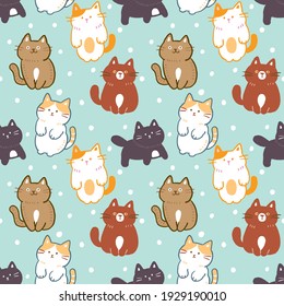 Seamless Pattern with Cartoon Cat Illustration Design on Light Green Background