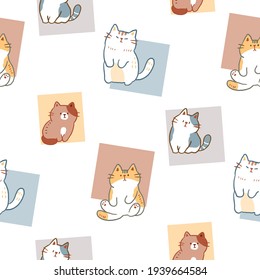 Seamless Pattern of Cartoon Cat Illustration with Square Design on White Background