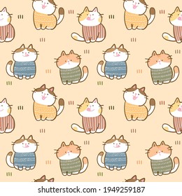 Seamless Pattern with Cartoon Cat Illustration Design on Yellow Background