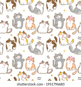 Seamless Pattern of Cartoon Cat Illustration Design on White Background