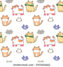 Seamless Pattern with Cartoon Cat Illustration Design on White Background