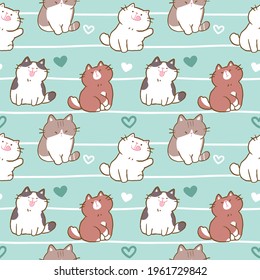 Seamless Pattern of Cartoon Cat Illustration Design on Green Background with Wavy Lines and Hearts