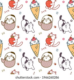 Seamless Pattern of Cartoon Cat Illustration Design on White Background