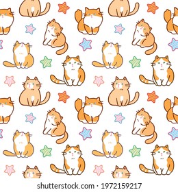 Seamless Pattern of Cartoon Cat Illustration and Star Design on White Background