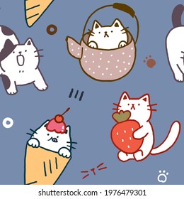 Seamless Pattern with Cartoon Cat Illustration Design on Deep Blue Background