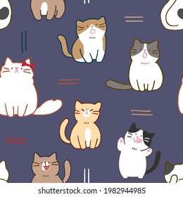 Seamless Pattern with Cartoon Cat Illustration Design on Dark Blue Background