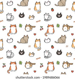 Seamless Pattern with Cartoon Cat Illustration Design on White Background