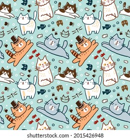 Seamless Pattern with Cartoon Cat Illustration Design on Light Green Background
