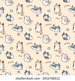 Patrón transparente con diseño de ilustración de gatos de dibujos animados en fondo amarillo claro