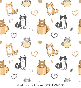 Seamless Pattern with Cartoon Cat Illustration on White Background