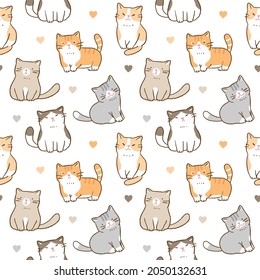 Seamless Pattern of Cartoon Cat Illustration and Heart Design on White Background