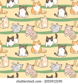 Diseño de ilustración de gatos de dibujos animados en fondo amarillo con franjas verdes