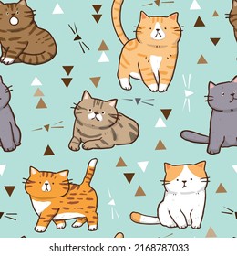 Patrón sin inconvenientes con la ilustración de gatos de dibujos animados sobre fondo verde pastel