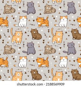 Seamless Pattern with Cartoon Cat Illustration Design on Grey Background