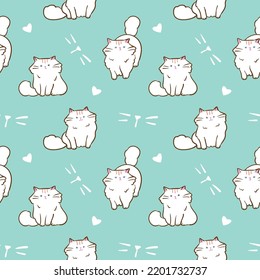 Patrón sin inconvenientes con diseño de ilustración de gatos de dibujos animados sobre fondo verde pastel