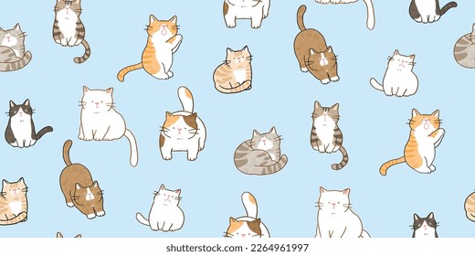 Seamless Pattern with Cartoon Cat  Illustration on Light Blue Background