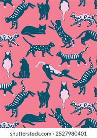 Seamless Pattern with Cartoon Cat Illustration Design on Light Blue Background
