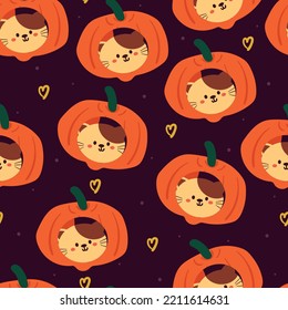seamless pattern cartoon cat inside pumpkin. cute halloween wallpaper for kids, gift wrap paper