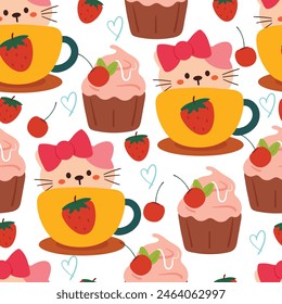 seamless pattern cartoon cat inside a cup. cute animal wallpaper for textile, gift wrap paper