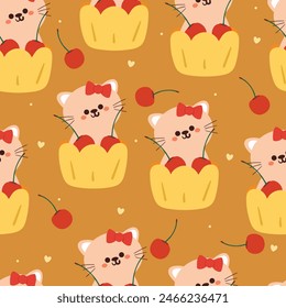 seamless pattern cartoon cat inside a cherry cupcake. cute animal wallpaper for textile, gift wrap paper