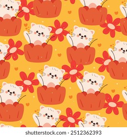 seamless pattern cartoon cat inside a cupcake cup. cute wallpaper for fabric print, gift wrap paper