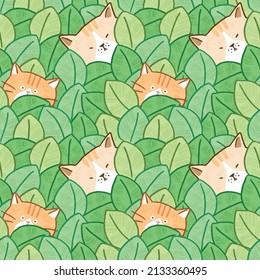 Seamless Pattern of Cartoon Cat and Leaf Illustration Design