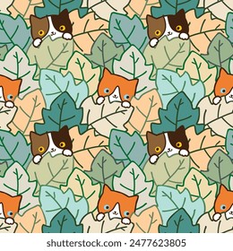 Seamless Pattern of Cartoon Cat and Leaf Illustration 