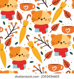 seamless pattern cartoon cat, leaves and autumn vibes element. cute autumn wallpaper for holiday. design for fabric, flat design, gift wrap paper