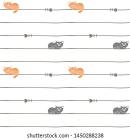 Seamless Pattern with Cartoon Cat and Line Design on White Background 