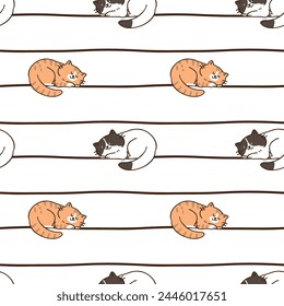 Seamless Pattern of Cartoon Cat and Line Design on White Background