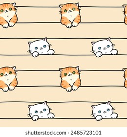 Seamless Pattern with Cartoon Cat and Line Design on Light Orange Color Background