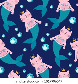 seamless pattern with a cartoon cat mermaid and bubbles. Pattern for textiles, fabrics, clothes, backpack, wrapping paper, web, children