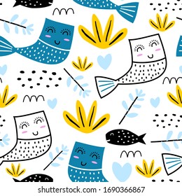 nahtloses Muster mit einem Comic Katzenmädchen und bunt. Funny Katze Meerjungfrau schwimmen im Meer. Muster für Textilien, Gewebe, Kleidung, Rucksack, Packpapier, Web, Kinder