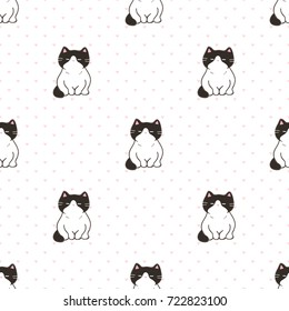 Seamless Pattern of Cartoon Cat on White Background with Pink Hearts