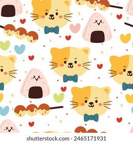 seamless pattern cartoon cat, onigiri and takoyaki character in orange background. cute wallpaper for textile, gift wrap paper