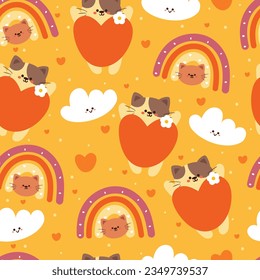 seamless pattern cartoon cat, orange heart and sky element. cute animal wallpaper for textile, gift wrap paper