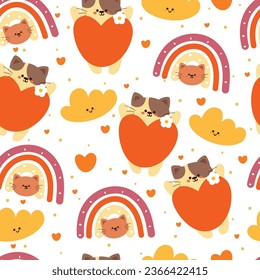seamless pattern cartoon cat, orange heart and sky element. cute animal wallpaper for textile, gift wrap paper