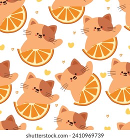 gato de dibujos animados sin costura con naranja. papel tapiz de animal lindo para textiles, papel de envoltura de regalo